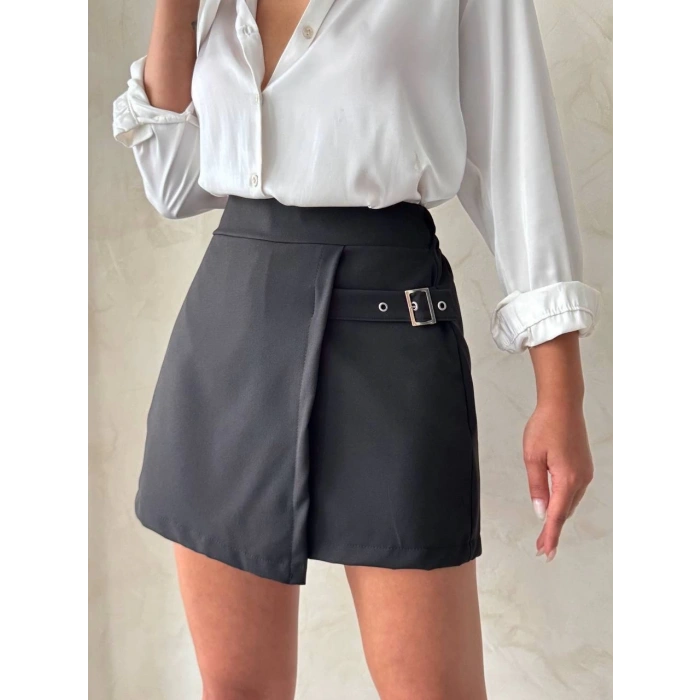 Kadın tokalı şort etek siyah s25449