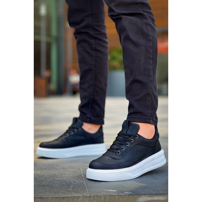 KB-006 Kuback Siyah Cilt Yüksek Taban Bağcıklı Günlük Erkek Ayakkabı