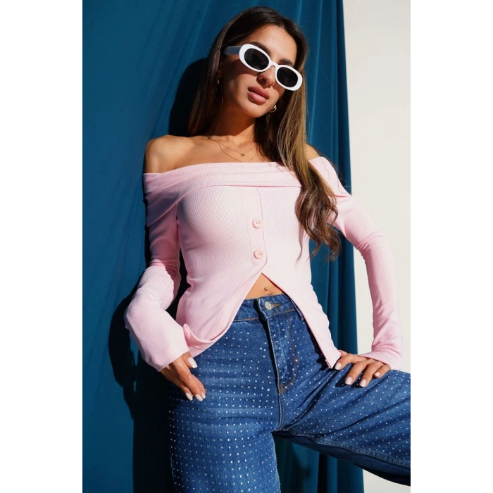 Madonna Yaka Düğmeli Bluz pembe t4329