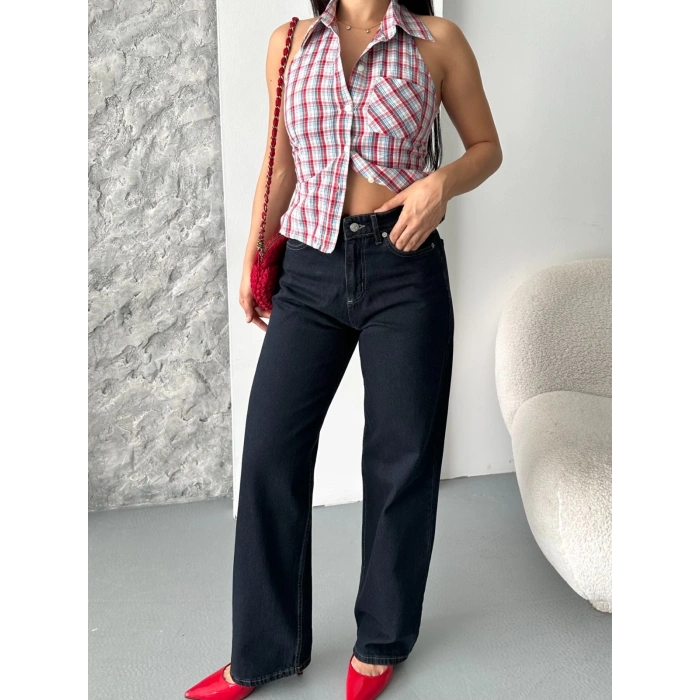 Palazzo süper taş enzim tint yıkama koyu lacivert jeans pantolon d2008