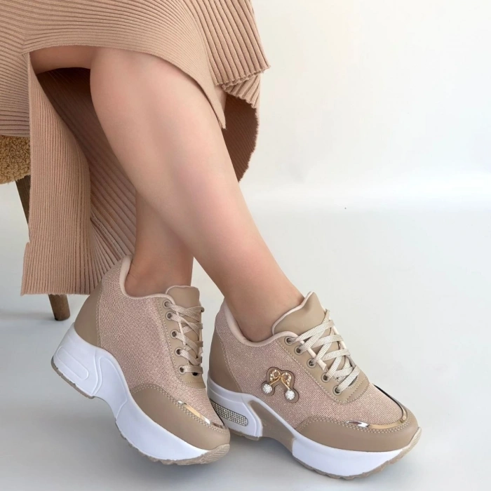 Wody Bej Cilt Simli Bağcıklı Spor Ayakkabı