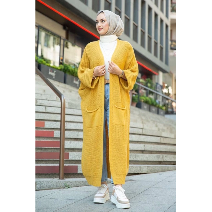 Yarasa kol uzun triko hırka hardal