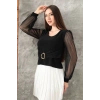 Tokalı tül kollu bluz siyah t4071