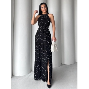 Puantiyeli yırtmaçlı elbise N4233