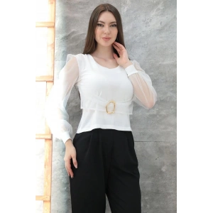 Tokalı tül kollu bluz beyaz t4071