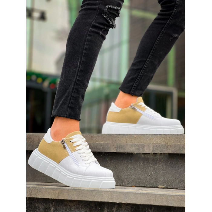 KB-X155 Kuback Beyaz Cilt Bej Süet Detaylı Beyaz Yüksek Taban Günlük Spor Ayakkabı