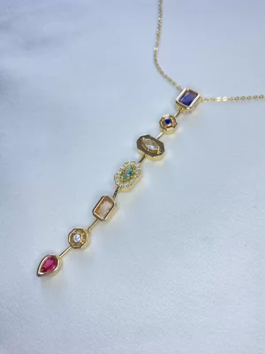 9lu Renkli Taşlı T Kolye