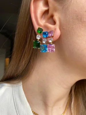 Kare Renkli Kristal Küpe