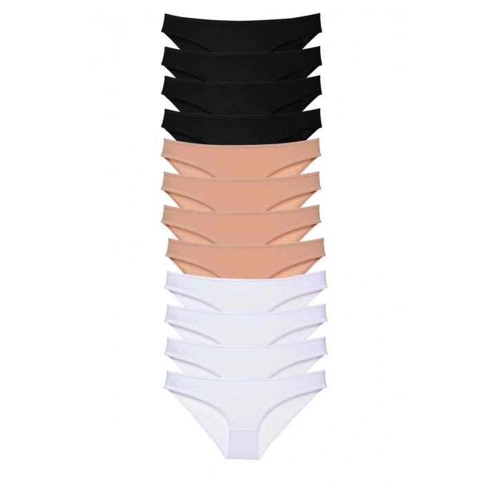 12 adet Süper Eko Set Likralı Kadın Slip Külot Siyah Ten Beyaz