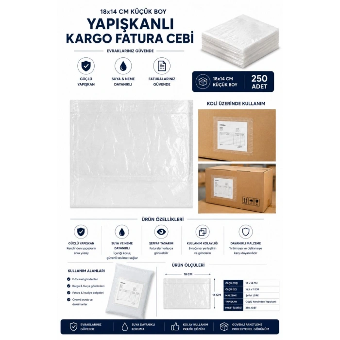 18x14 Cm Küçük Boy Yapışkanlı Kargo Fatura Cebi 250 Adet