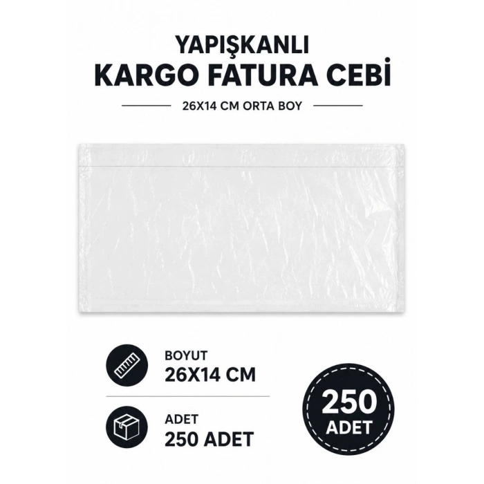 26x14 Cm Orta Boy Yapışkanlı Kargo Fatura Cebi 250 Adet