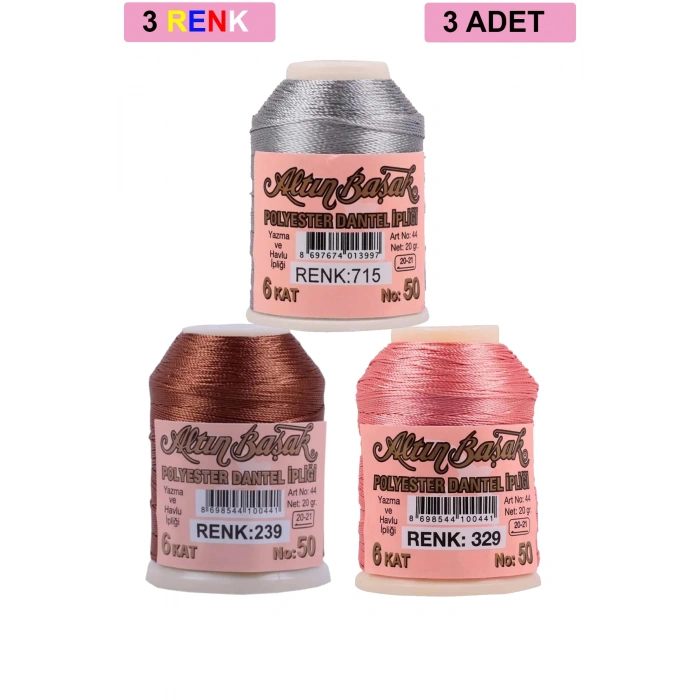 3 Adet Altınbaşak Oya ve Dantel İpi 20 gr - Royaleks - No: 239 - 329 - 715