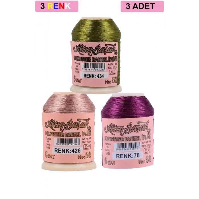 3 Adet Altınbaşak Oya ve Dantel İpi 20 gr - Royaleks - No: 426 - 078 - 434