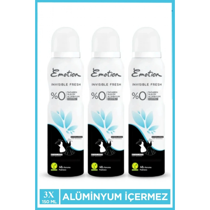 3 Adet Emotion Invisible Fresh Black & White Kadın Deodorant 150ml Vegan, Leke Bırakmaz