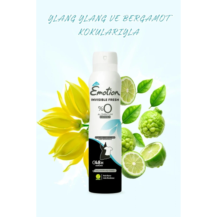 3 Adet Emotion Invisible Fresh Black & White Kadın Deodorant 150ml Vegan, Leke Bırakmaz