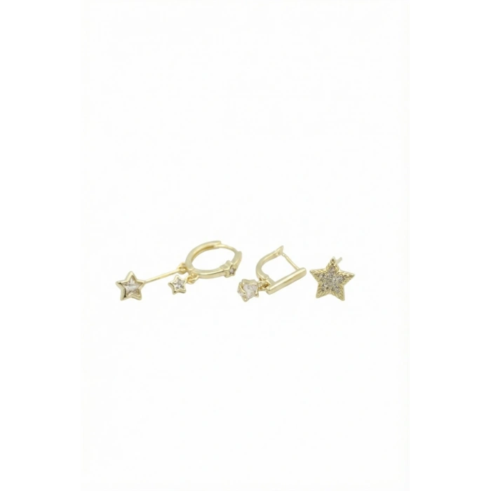 3lü Taşlı Halka Küpe - Altın