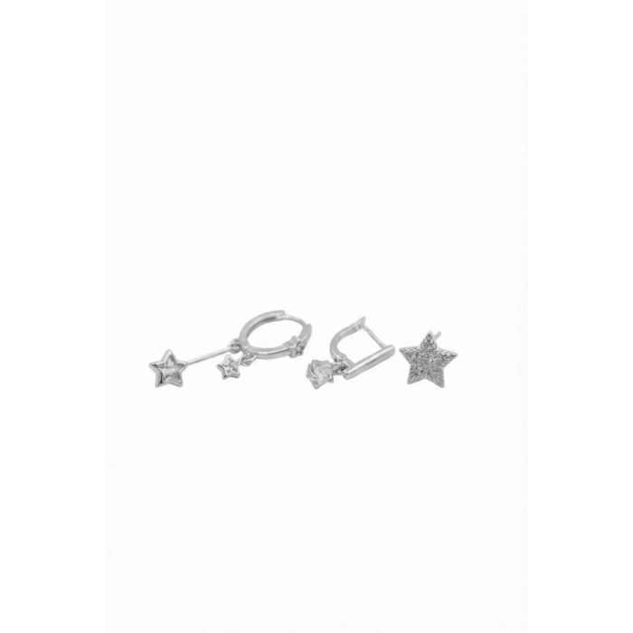 3lü Taşlı Halka Küpe - Gümüş