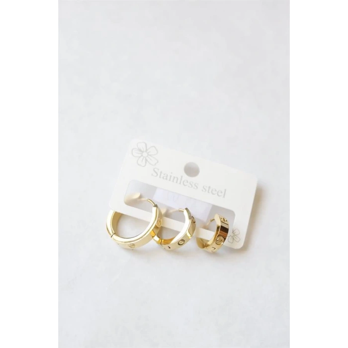 3lü Taşsız Çelik Halka Küpe - Altın