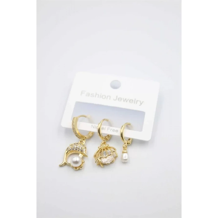 3lü Yunus Balığı Küpe - Altın