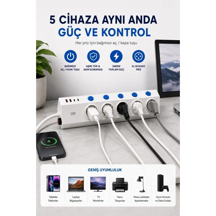 5’li Akım Korumalı Çoklu Priz 2 Metre Kablolu 3680w 16a 5 Anahtarlı 2usb-a 2 Usb-c Pd 20w Hızlı Ftr-28