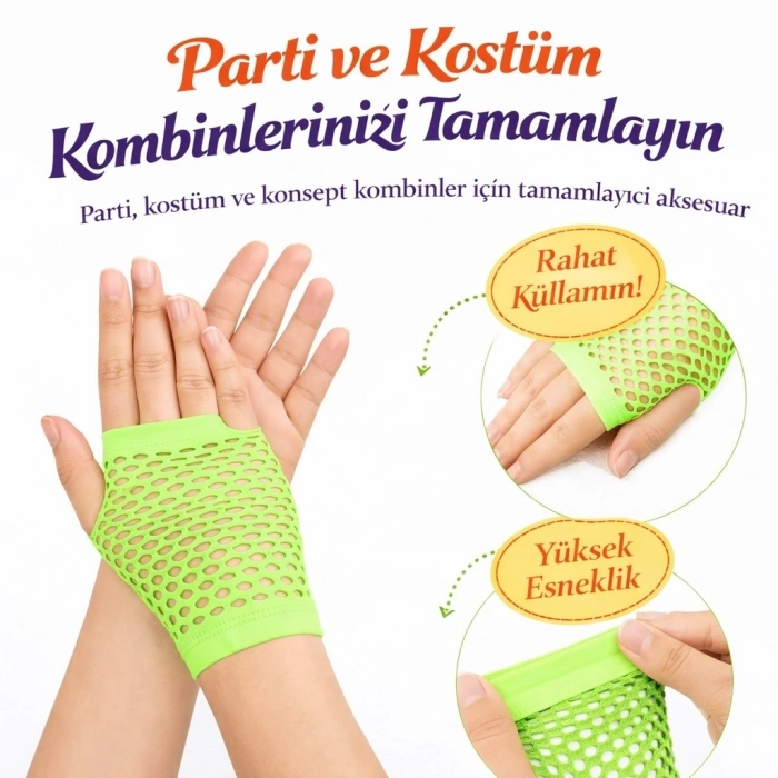 80’ler 90’lar Retro Neon Yeşil File Parmaksız Kısa Eldiven 11 Cm