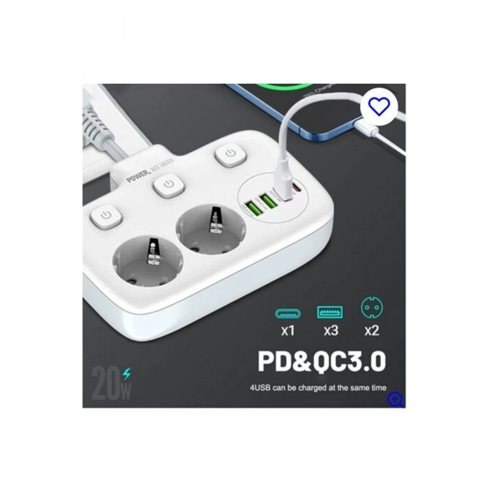 Akım Korumalı 2’li Ayrı Anahtarlı Priz, 2x Priz, 3x Usb, 1x Type-c, 2 Mt Kablo, Hızlı Şarj