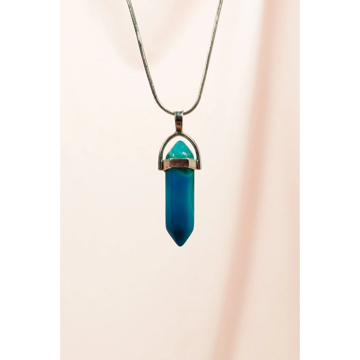 Aquamarin Doğal Taşı Zincirli El Yapımı Tasarımlı Kolye Uç: 3,5 cm Zincir: 20 cm Kutulu