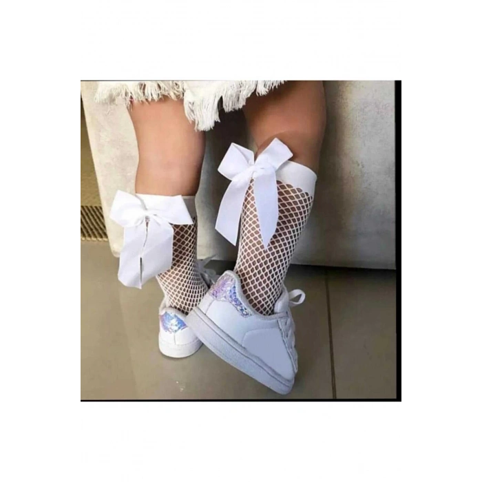 Beyaz Fileli Diz Altı Fiyonklu Kız Çocuk Çorap