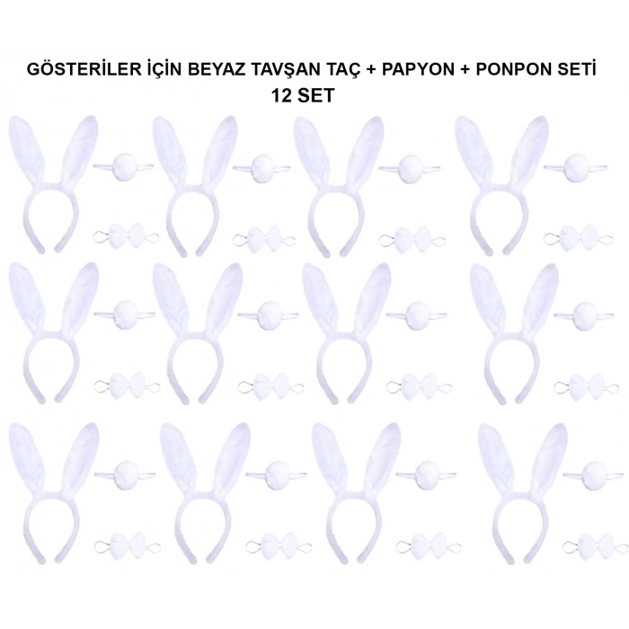 Beyaz Tavşan Kostüm Seti – Taç, Papyon, Kuyruk (12’li Paket)