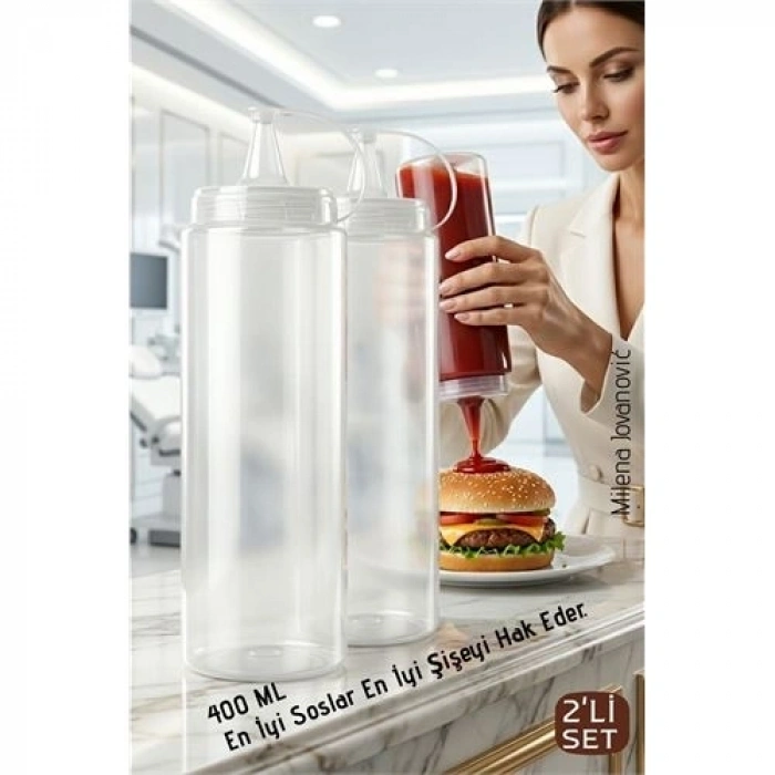 BFS 2li Sos Şişesi, Ketçap Mayonez Hardal ve Zeytinyağı Şişesi Seti - 400 ml Sızdırmaz Kapaklı Profesyonel Mutfak Dispenseri