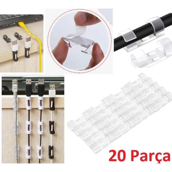 BFS  20li Yapışkanlı Kablo Sabitleyici Şeffaf Klips