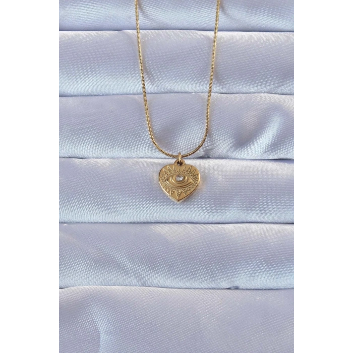 BFS 316L Altın Renk Zirkon Taşlı İşlemeli Göz Detay Kalp Kolye