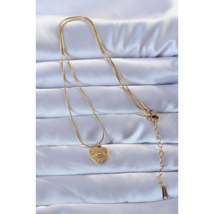 BFS 316L Altın Renk Zirkon Taşlı İşlemeli Göz Detay Kalp Kolye