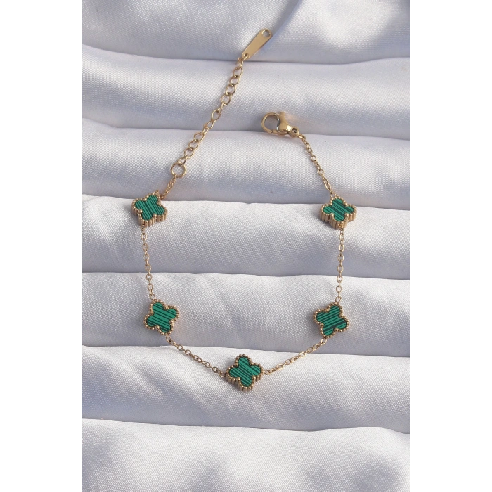 BFS 316L Çelik Baby Boy Gold Renk Çizgili Yeşil Mineli Yonca Bileklik