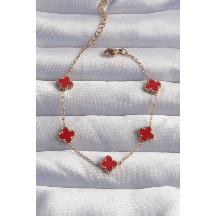 BFS 316L Çelik Baby Boy Gold Renk Kırmızı Mineli Yonca Bileklik