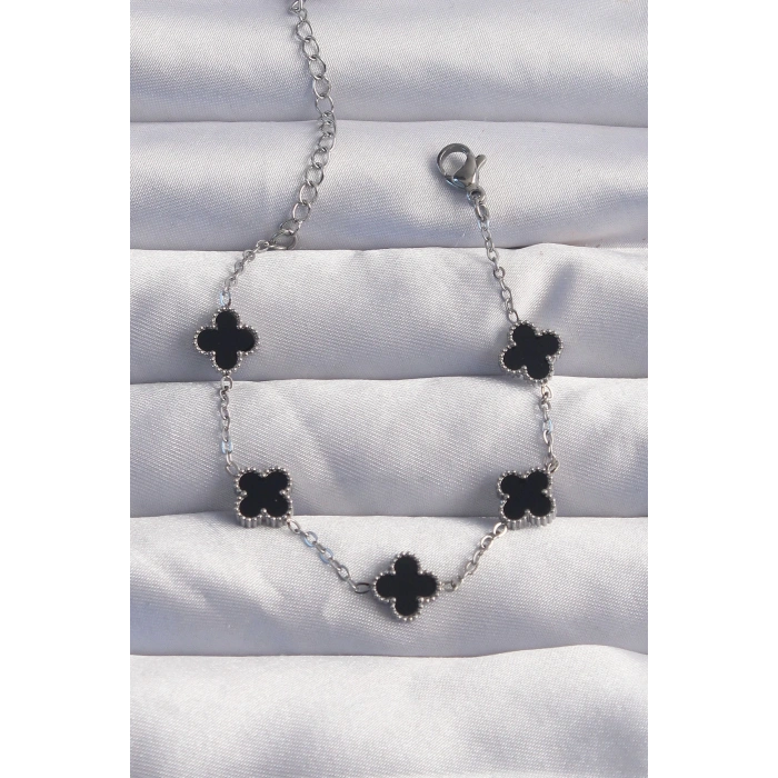 BFS 316L Çelik Baby Boy Gümüş Renk Siyah Mineli Yonca Bileklik