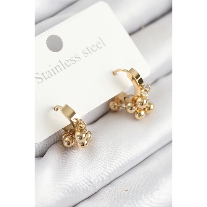BFS 316L Çelik Boncuklu Halka Model Gold Renk Kadın Küpe