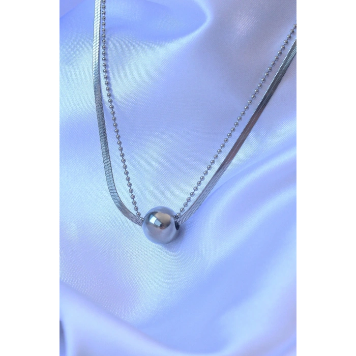 BFS 316L Çelik Çift Zincirli Gümüş Renk Topçuk İtalyan Model Kolye