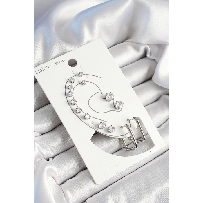 BFS 316L Çelik Dikdörtgen Figürlü Ve Zirkon Taşlı Gümüş Renk 7li Çift Kadın Küpe Set