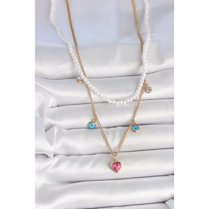 BFS 316L Çelik Gold Renk 2Li İnci Zincir Model Pembe Taşlı Kalp Figür Nazar Boncuk Detay Kadın Kolye