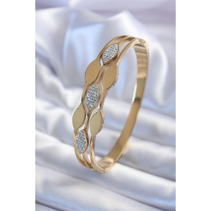 BFS 316L Çelik Gold Renk Arpa Model Zirkon Taş Detay Kadın Kelepçe Bileklik