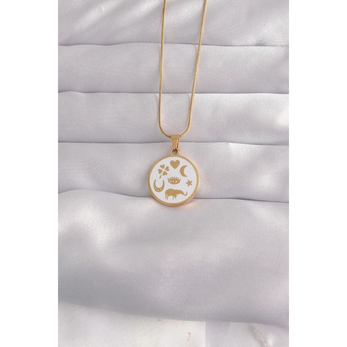BFS 316L Çelik Gold Renk Beyaz Mineli Karışık Figürlü Tarot Kolye