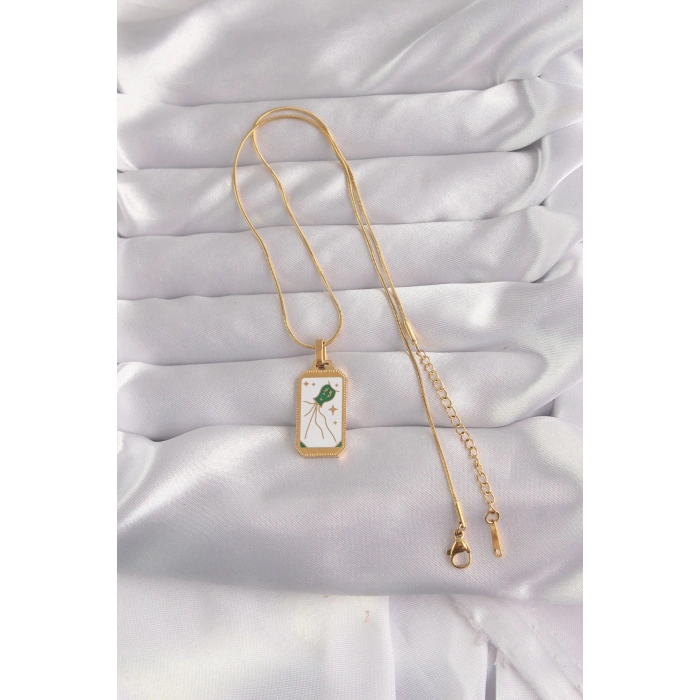 BFS 316L Çelik Gold Renk Beyaz Mineli Tarot Kolye