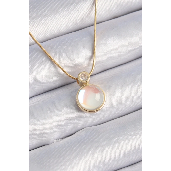 BFS 316L Çelik Gold Renk Beyaz Sedefli Vintage Kadın Kolye