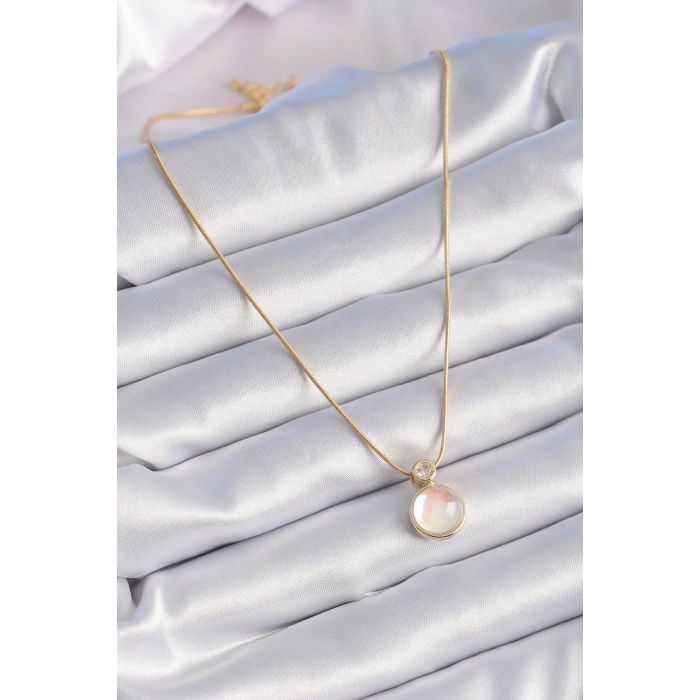 BFS 316L Çelik Gold Renk Beyaz Sedefli Vintage Kadın Kolye