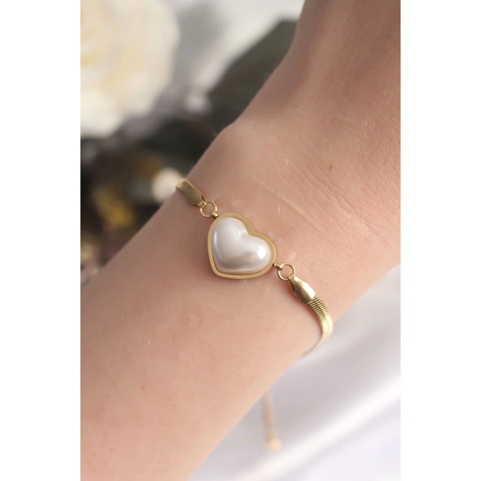 BFS 316L Çelik Gold Renk Bombeli Kalp Kadın Bileklik