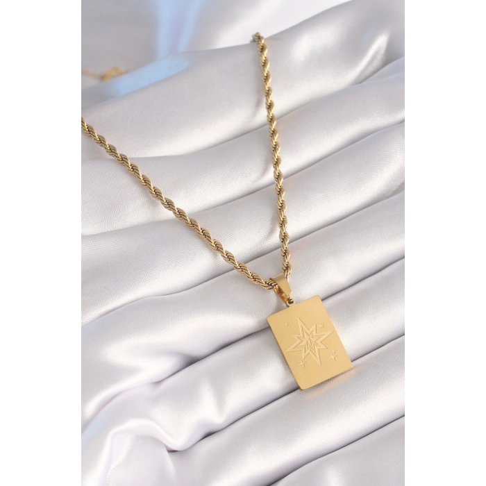 BFS 316L Çelik Gold Renk Burgu Zincir Kutup Yıldızı İşleme Plaka Figür Kadın Kolye