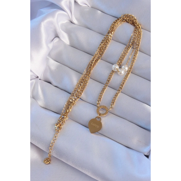 BFS 316L Çelik Gold Renk Çift Zincir İnci Detayı Love Kalp Kolye