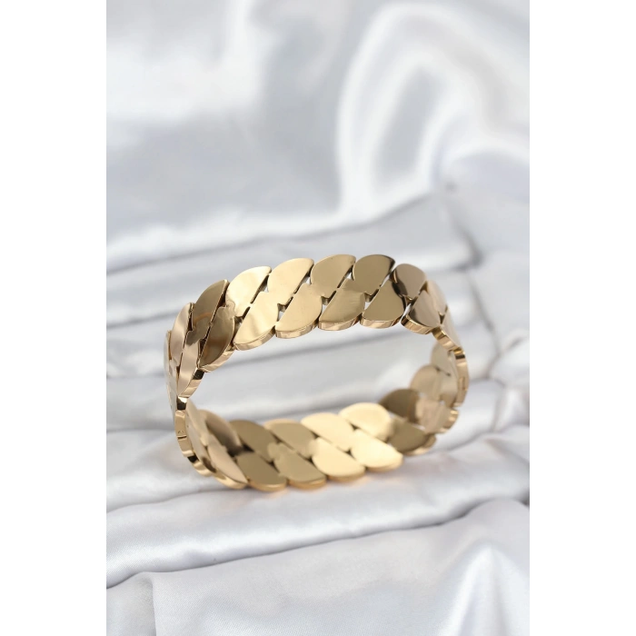 BFS 316L Çelik Gold Renk Ezme Zincir Model Kadın Kelepçe Bileklik