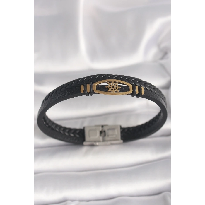 BFS 316L Çelik Gold Renk Gemi Dümen Figür Siyah Renk Çift Sıra Burgu Desenli Deri Kordon Erkek Bileklik